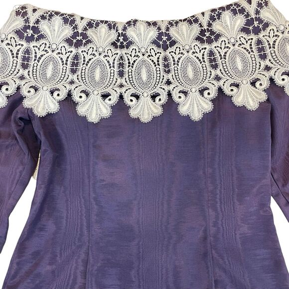 VTG 80s 90s Scott McClintock 2 Piece Skirt Suit Sz 8 Purple Taffeta Lace Collar - Picture 5 of 15